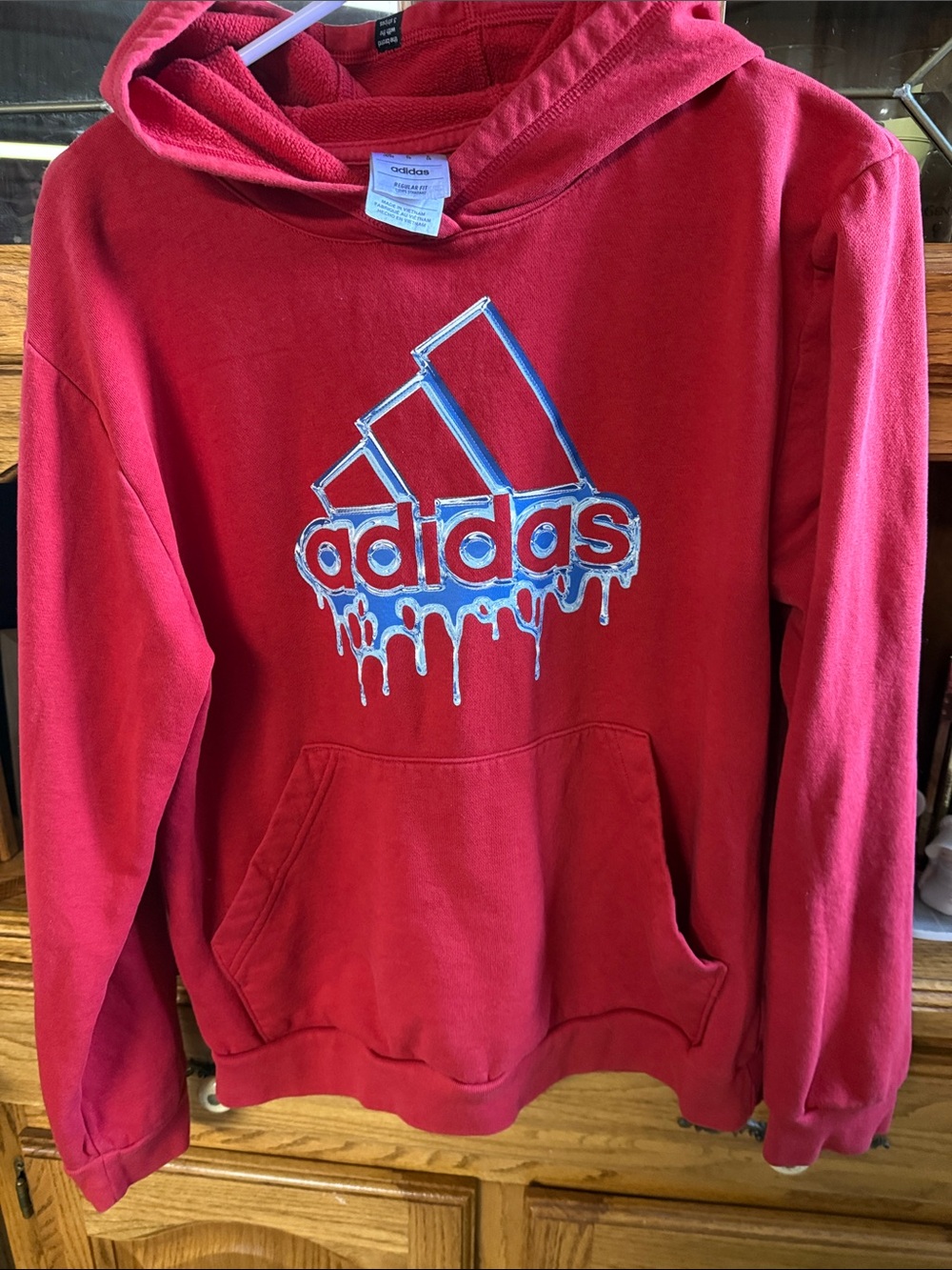 adidas Red Hoodie with Blue Drip Logo Boys size Xl 18/20 EUC